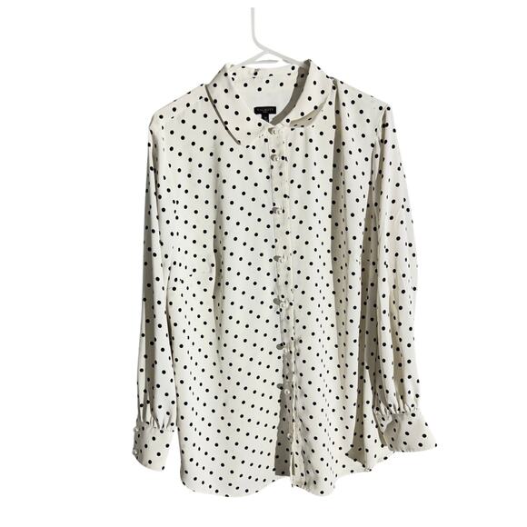 Talbots 1X Polka Dot Button-Down Blouse Long Sleeve Collared White Black Top - Picture 1 of 5